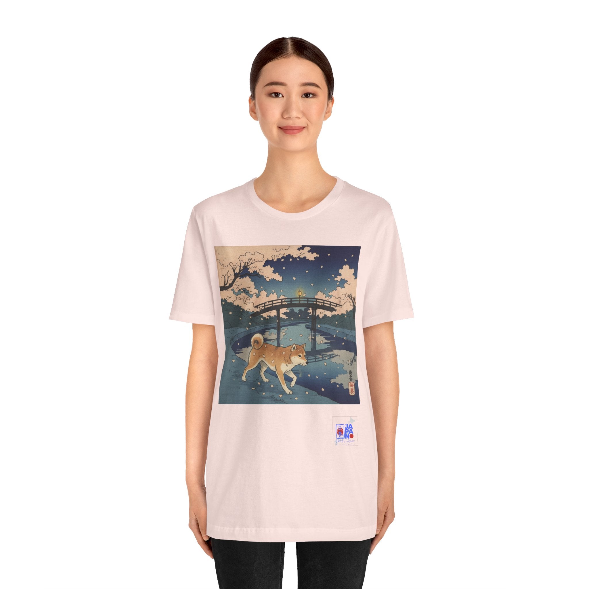 Shiba Inu Night Stroll T-Shirt | Ukiyo-e Japanese Bridge Art
