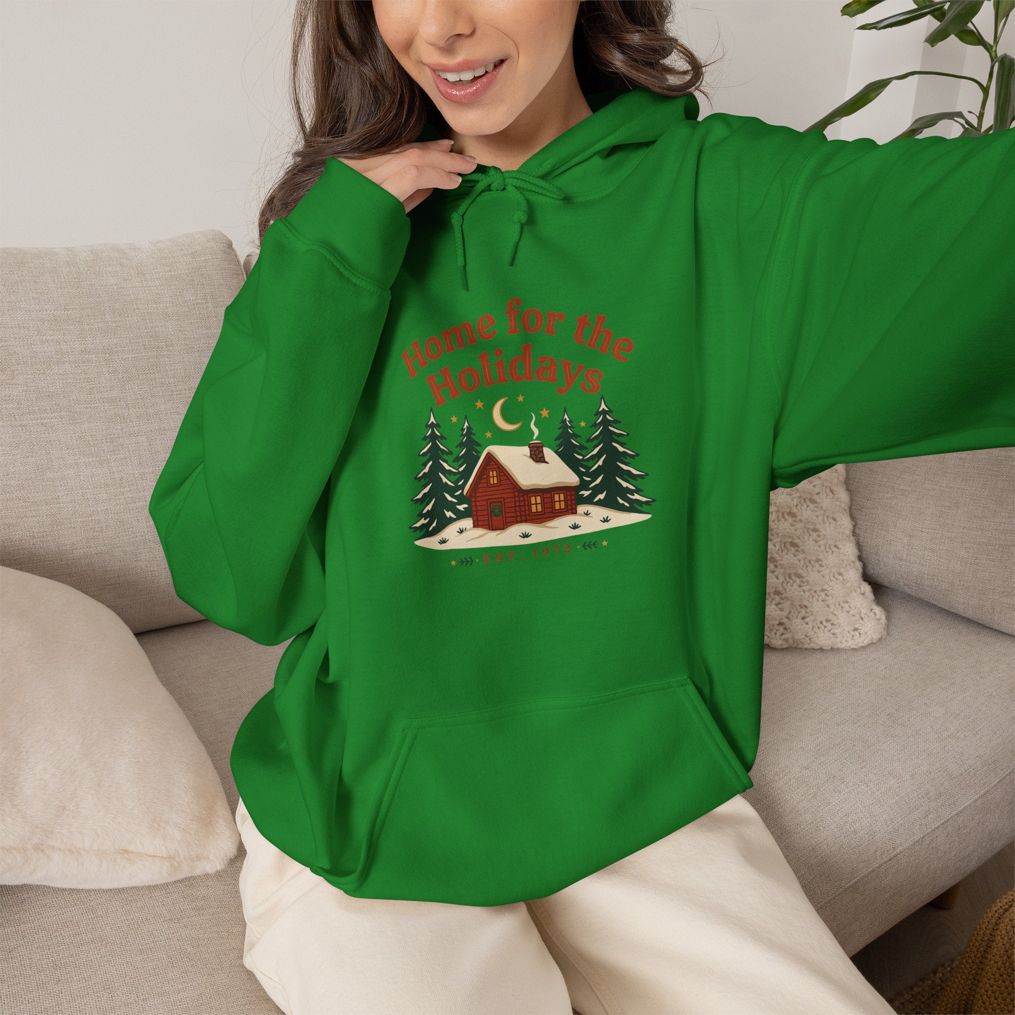 Christmas Cabin Hoodie | 'Home for the Holidays' Green Holiday Hoodie