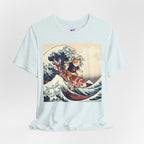 Koi Surfing Cat T‑Shirt — Japanese Wave Art (Hokusai-Inspired)