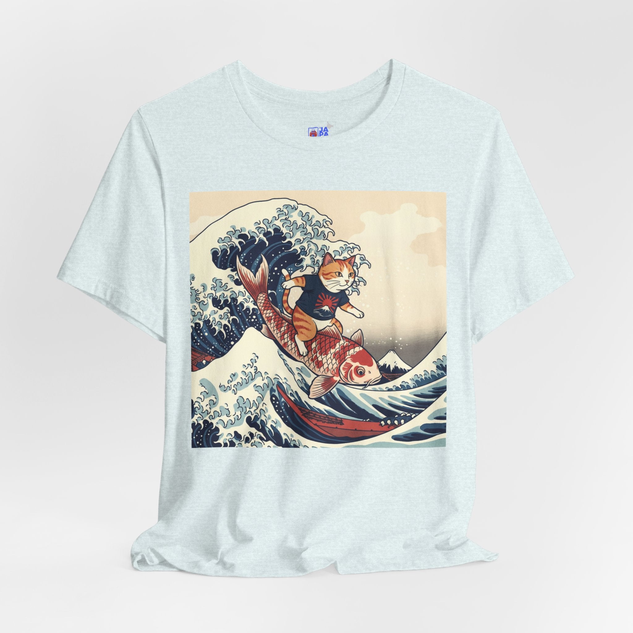 Koi Surfing Cat T‑Shirt — Japanese Wave Art (Hokusai-Inspired)