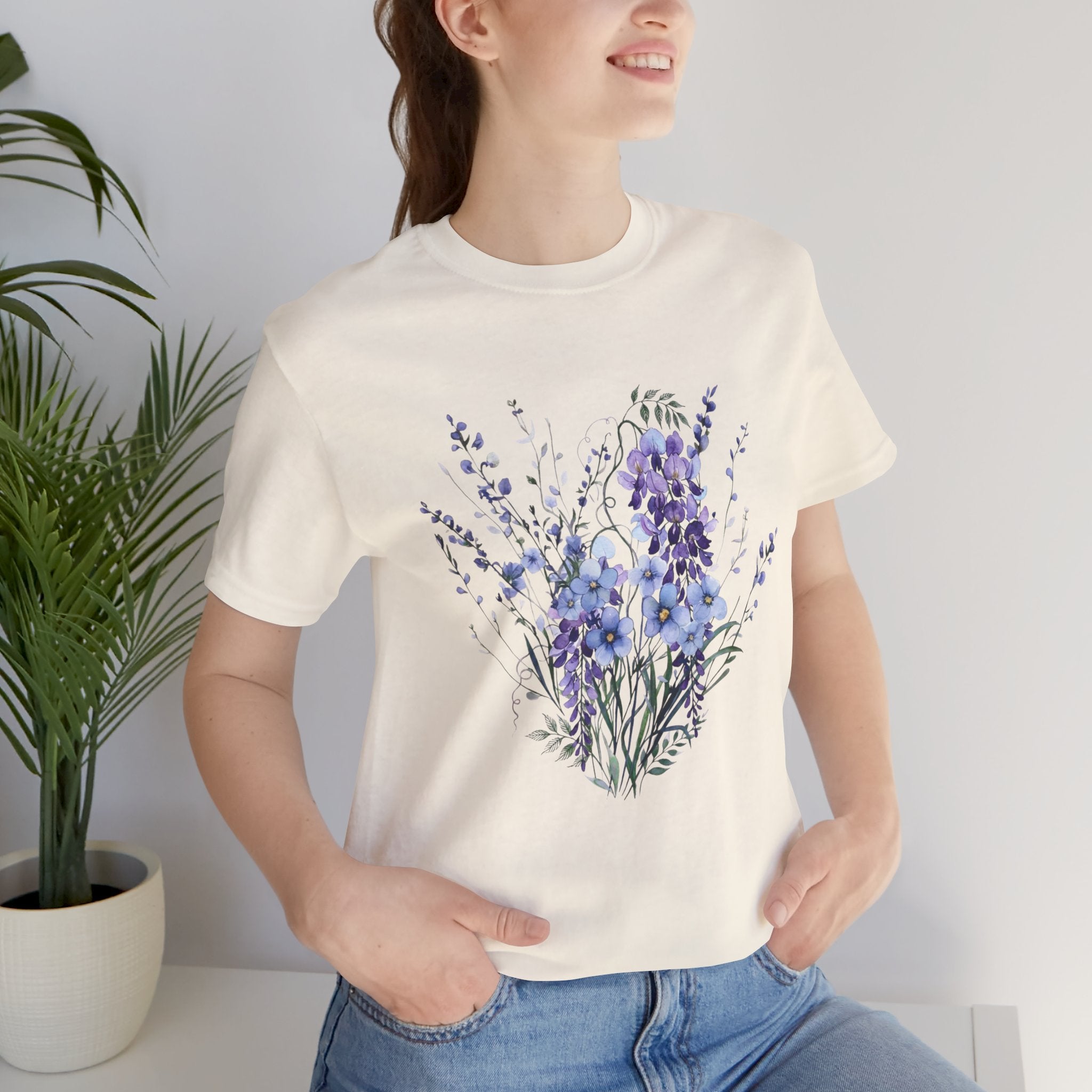 Japanese Wisteria and Forget-Me-Not T-Shirt | Fuji Wasurenagusa Dark Floral Tee | Japan Botanical Moonlit Garden Shirt