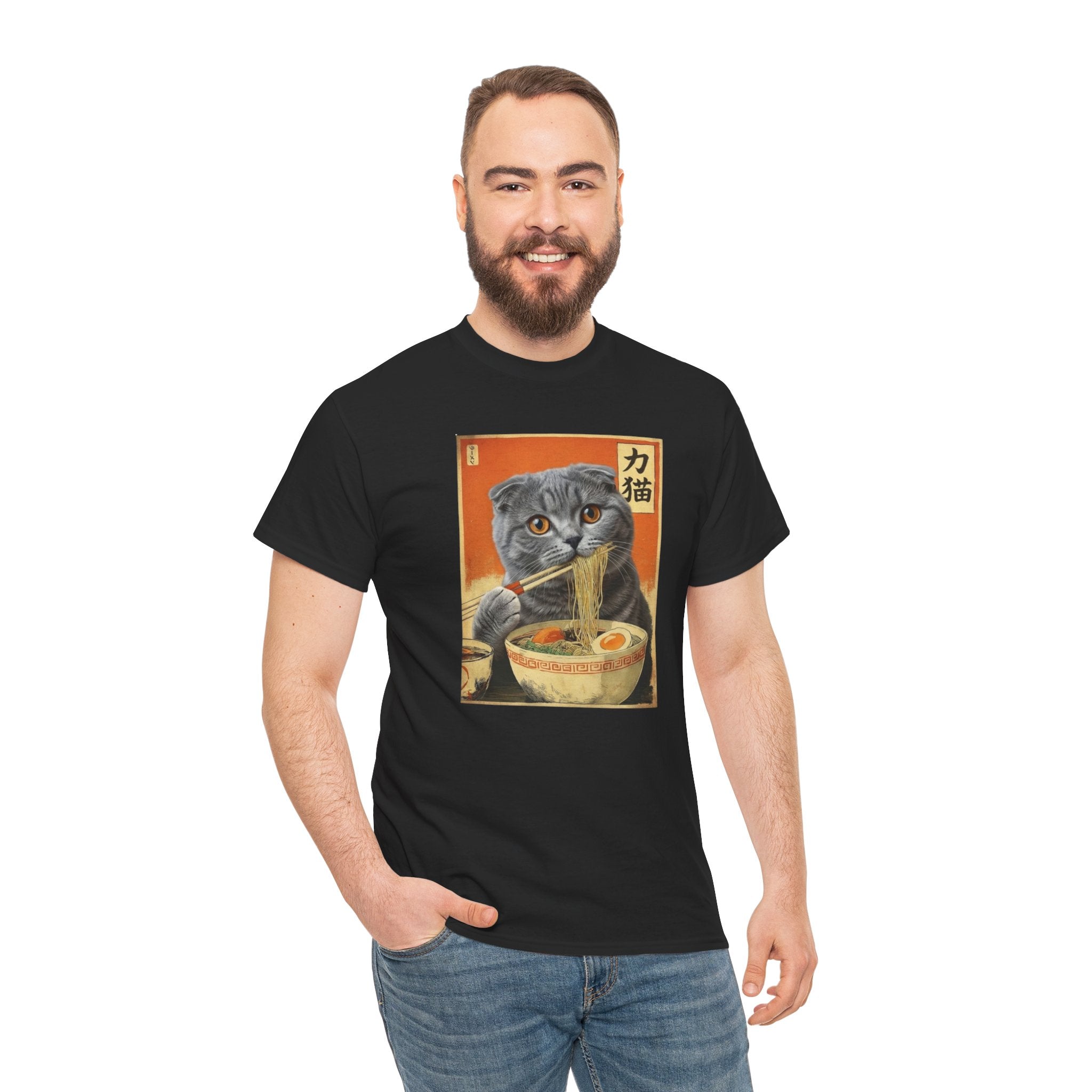 Mochi the Ramen Cat T-Shirt — Scottish Fold Eating Ramen | 力猫 Funny Japanese Cat Ukiyo-e Vintage Graphic Tee