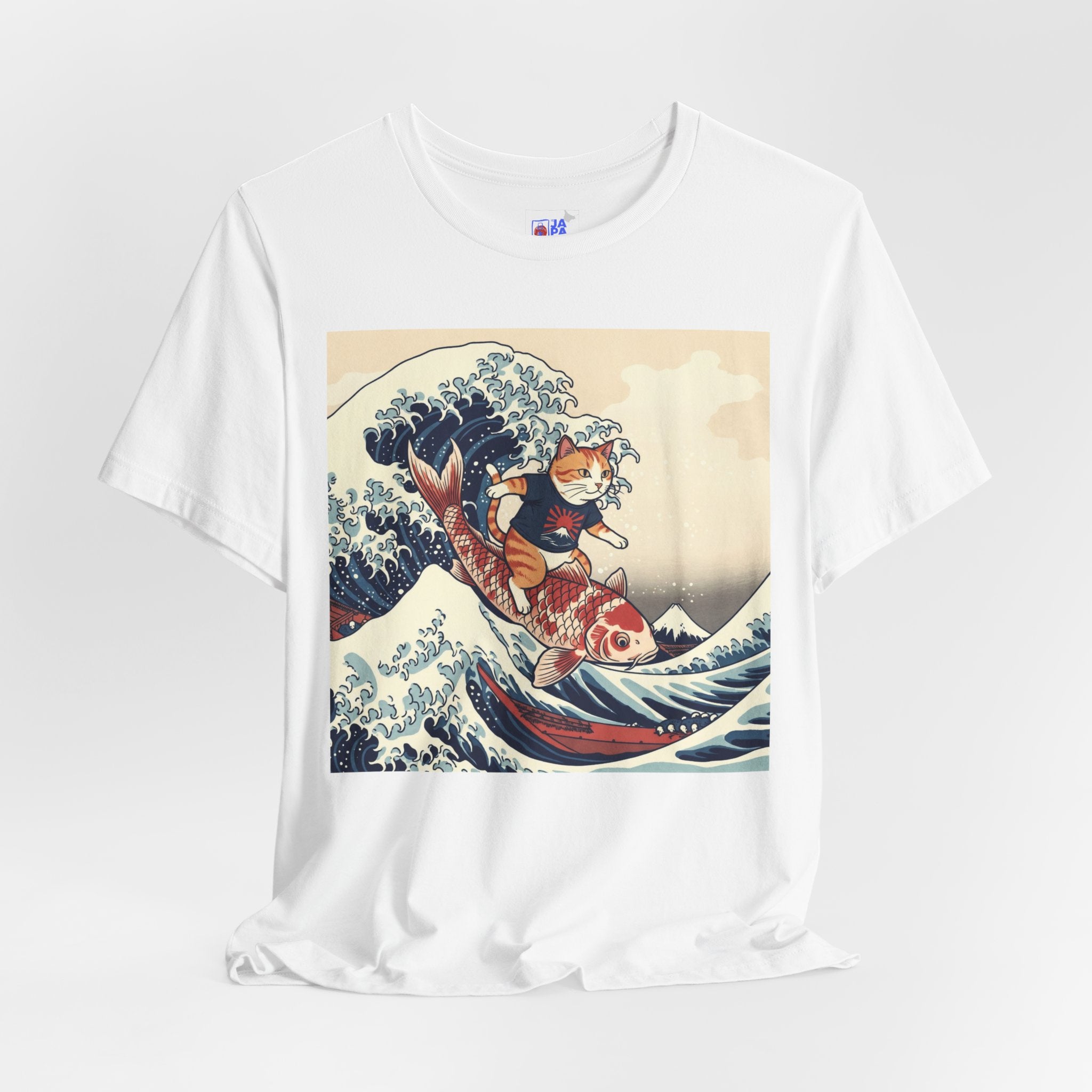 Koi Surfing Cat T‑Shirt — Japanese Wave Art (Hokusai-Inspired)