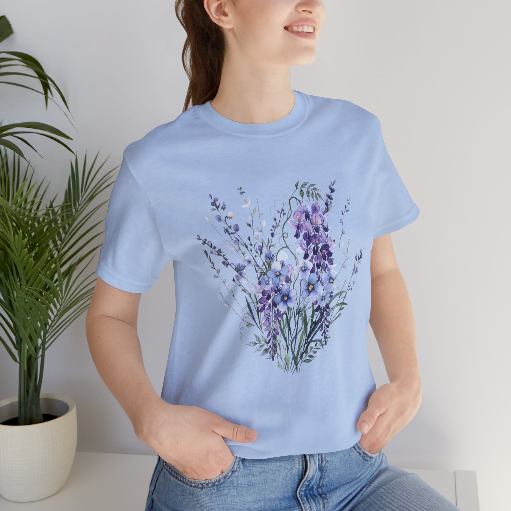 Japanese Wisteria and Forget-Me-Not T-Shirt | Fuji Wasurenagusa Dark Floral Tee | Japan Botanical Moonlit Garden Shirt