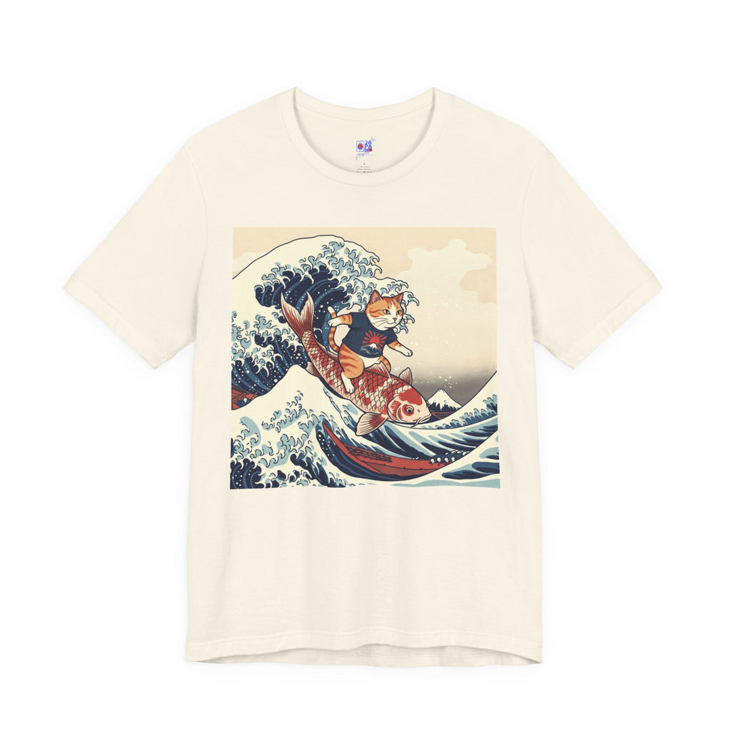 Koi Surfing Cat T‑Shirt — Japanese Wave Art (Hokusai-Inspired)