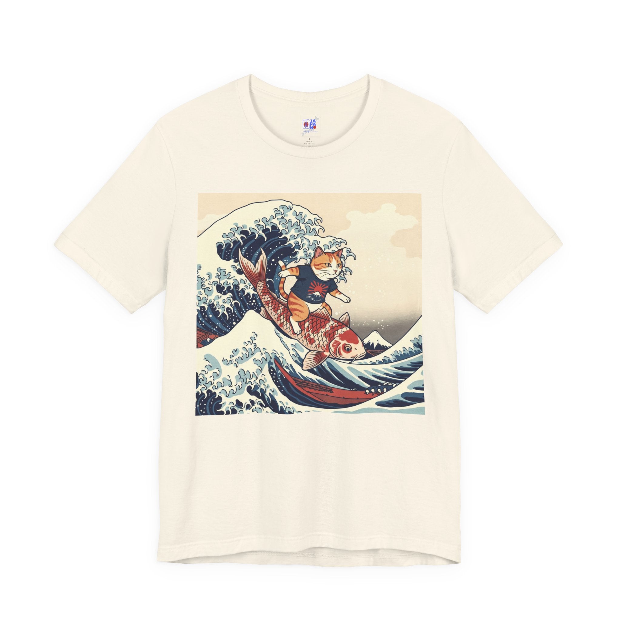 Koi Surfing Cat T‑Shirt — Japanese Wave Art (Hokusai-Inspired)