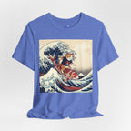 Koi Surfing Cat T‑Shirt — Japanese Wave Art (Hokusai-Inspired)