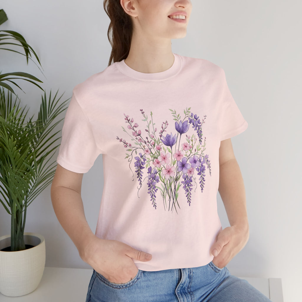 Japanese Wisteria and Sakura Bouquet T-Shirt | Fuji Cherry Blossom Dark Floral Tee | Japan Spring Flower Art Shirt