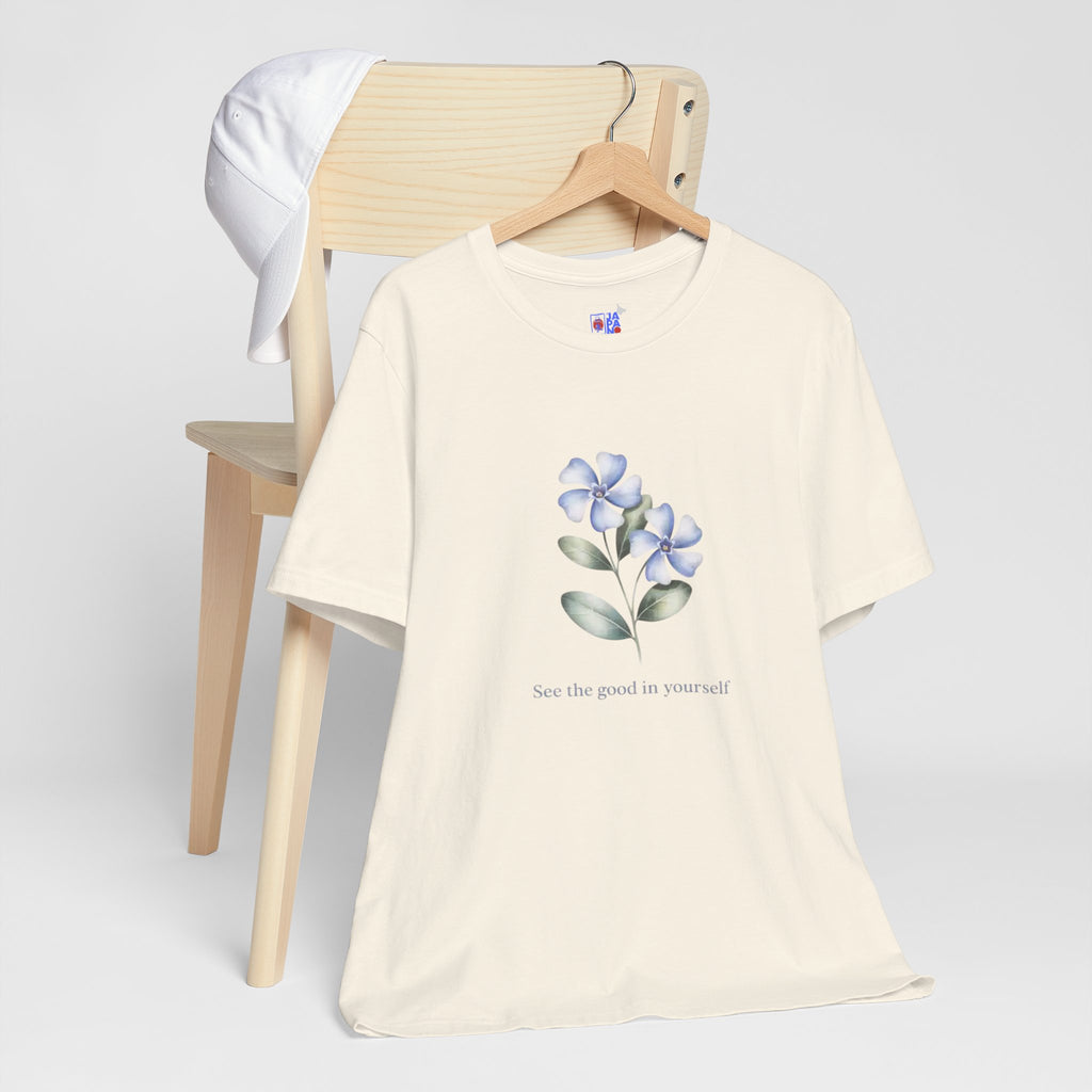 Wasurenagusa "Treasure Yourself" Tee — Minimal Japanese Botanical Self-Compassion Shirt