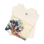 Koi Surfing Cat T‑Shirt — Japanese Wave Art (Hokusai-Inspired)