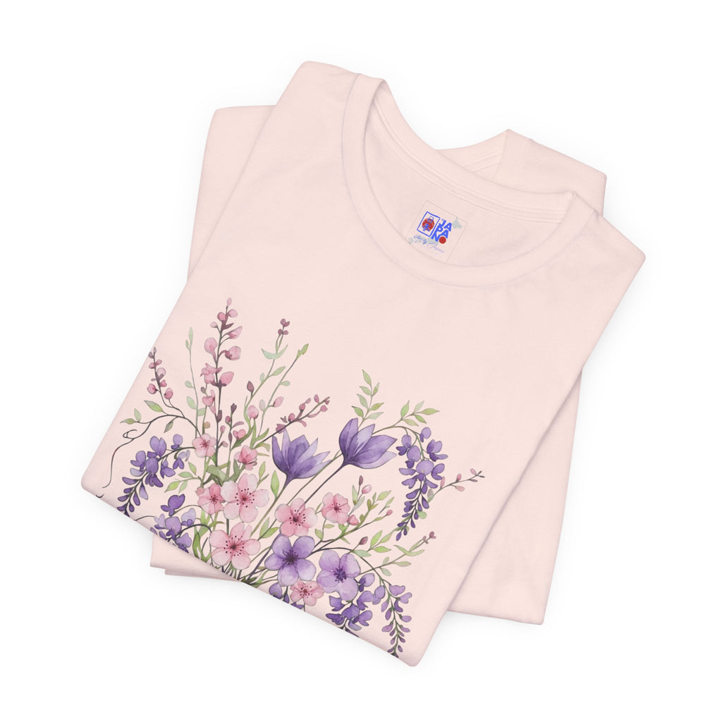 Japanese Wisteria and Sakura Bouquet T-Shirt | Fuji Cherry Blossom Dark Floral Tee | Japan Spring Flower Art Shirt