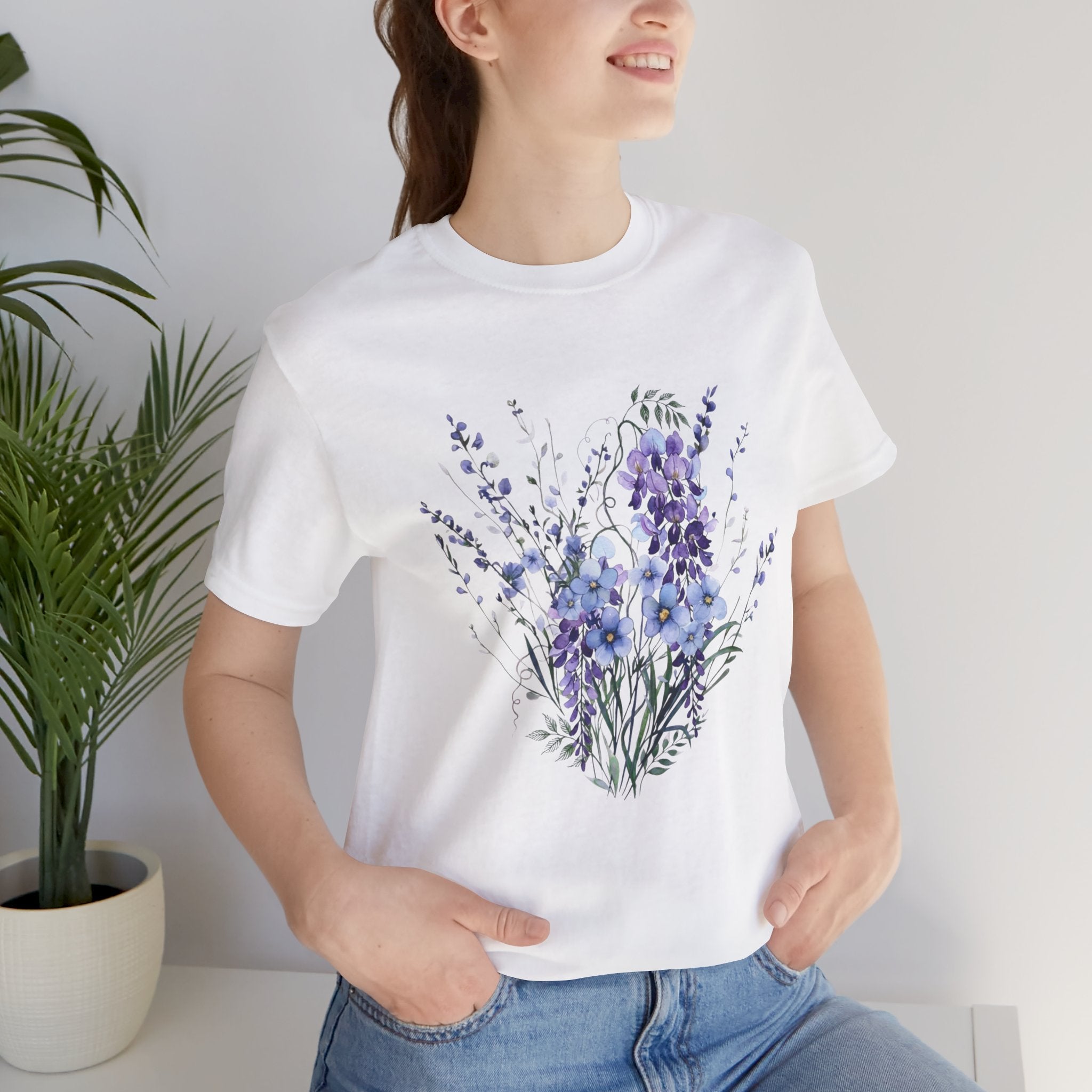 Japanese Wisteria and Forget-Me-Not T-Shirt | Fuji Wasurenagusa Dark Floral Tee | Japan Botanical Moonlit Garden Shirt