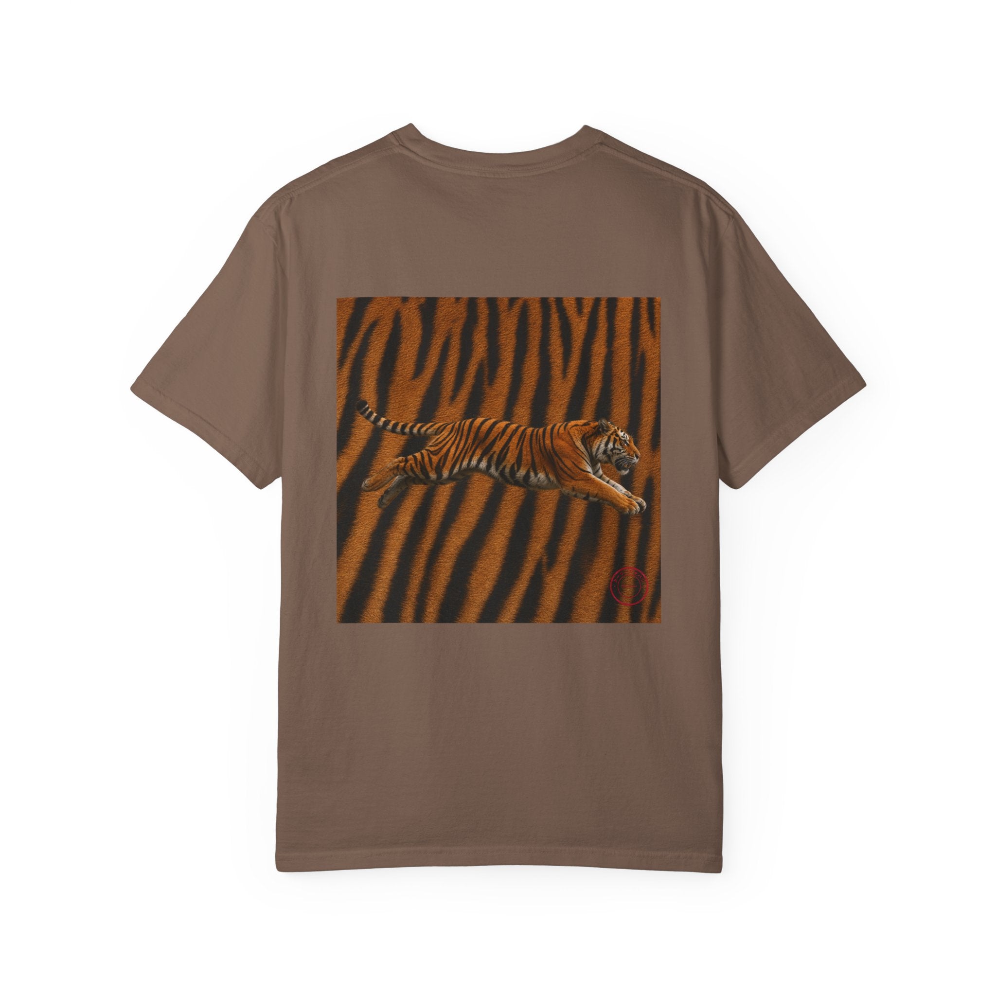 Tiger Stripe Graphic T-Shirt — Leaping Tiger Back Print Comfort Color 1717