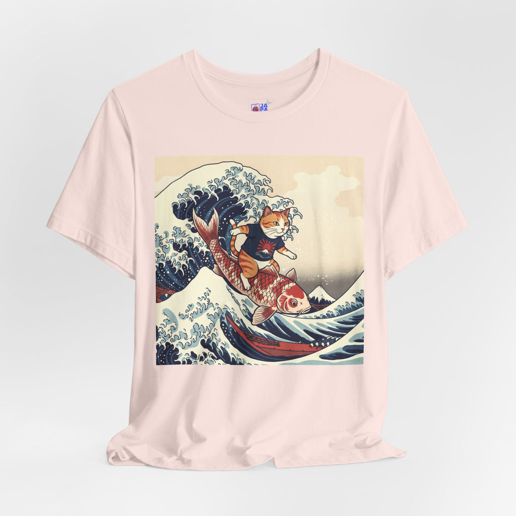 Koi Surfing Cat T‑Shirt — Japanese Wave Art (Hokusai-Inspired)