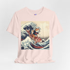 Koi Surfing Cat T‑Shirt — Japanese Wave Art (Hokusai-Inspired)