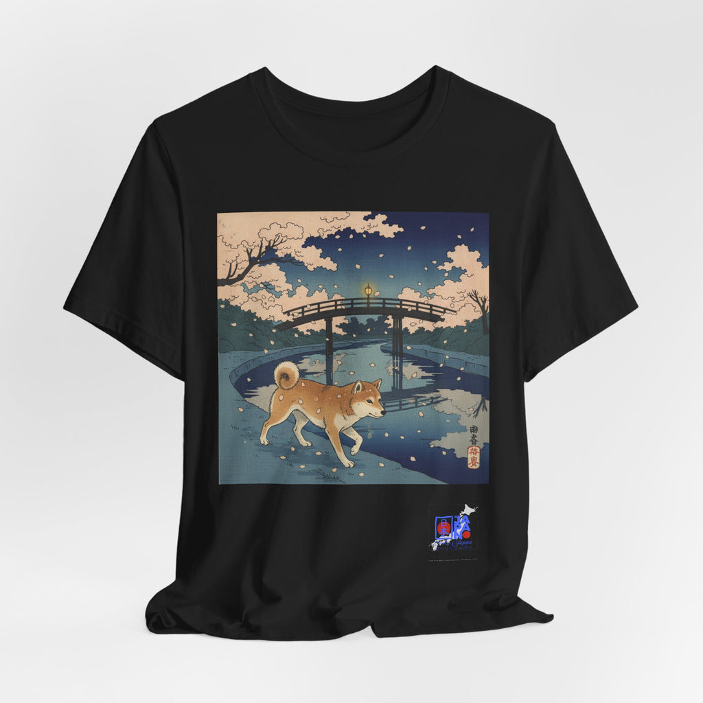 Shiba Inu Night Stroll T-Shirt | Japanese Bridge Ukiyo-e Style