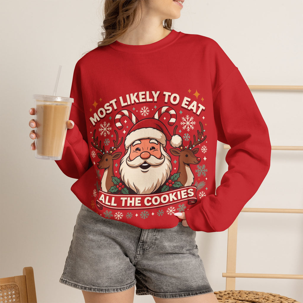 Christmas Crewneck Sweatshirt - "Most Likely to Eat All the Cookies" Merry & Bright Holiday Sweater