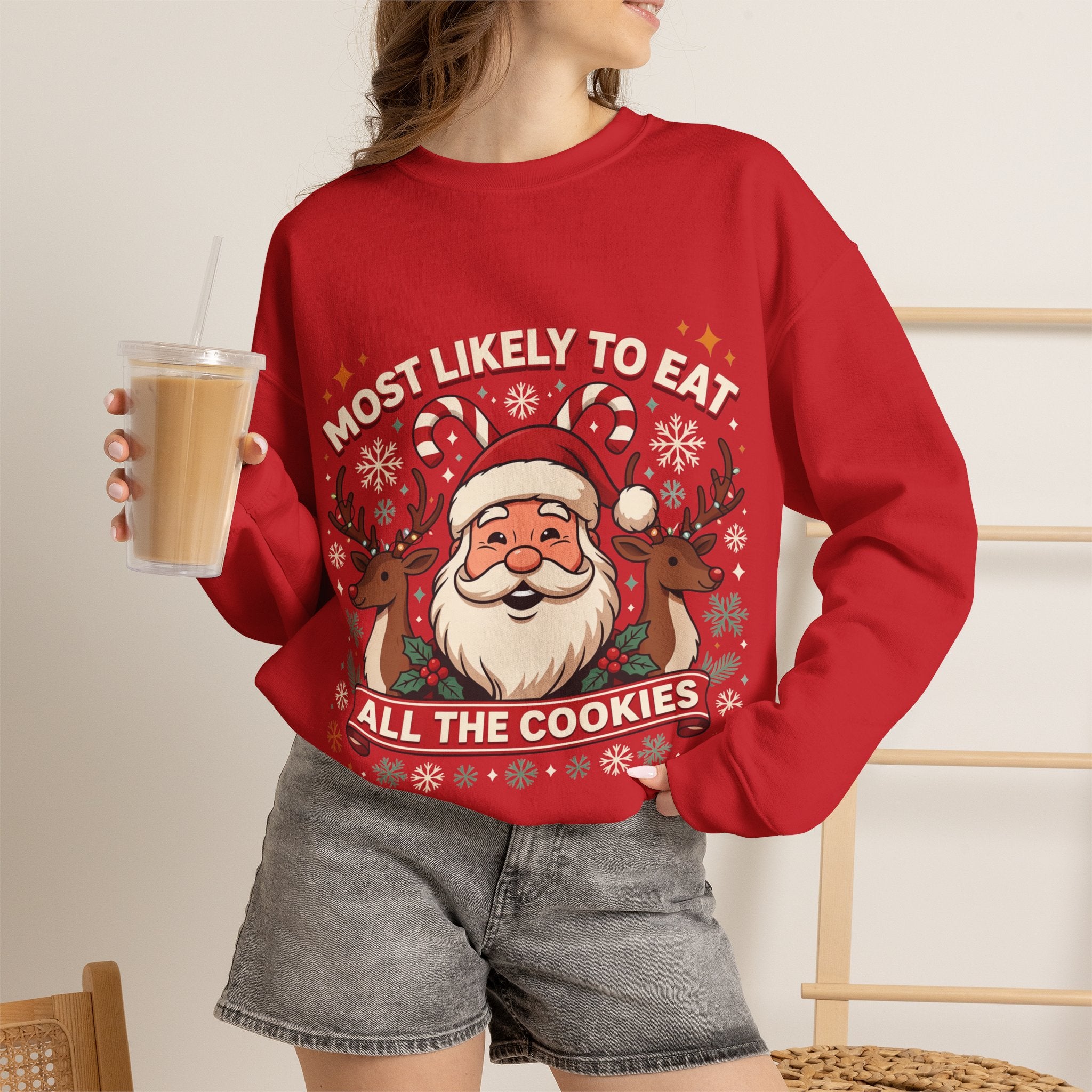 Christmas Crewneck Sweatshirt - "Most Likely to Eat All the Cookies" Merry & Bright Holiday Sweater
