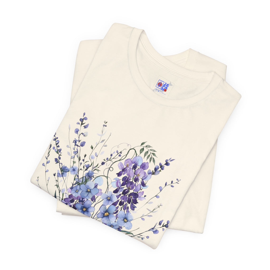 Japanese Wisteria and Forget-Me-Not T-Shirt | Fuji Wasurenagusa Dark Floral Tee | Japan Botanical Moonlit Garden Shirt