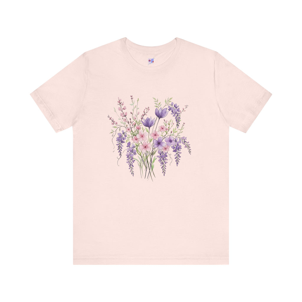 Japanese Wisteria and Sakura Bouquet T-Shirt | Fuji Cherry Blossom Dark Floral Tee | Japan Spring Flower Art Shirt