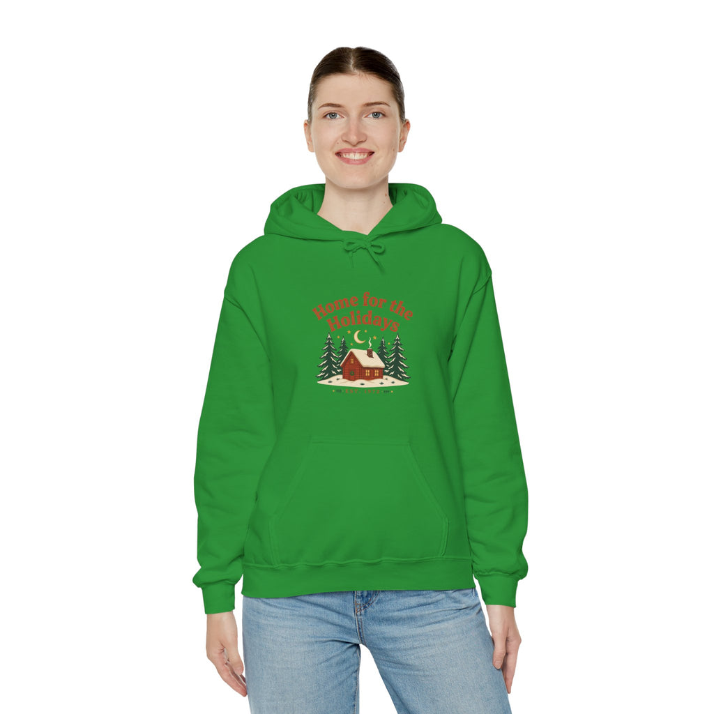 Christmas Cabin Hoodie — 'Home for the Holidays' Green Holiday Sweatshirt