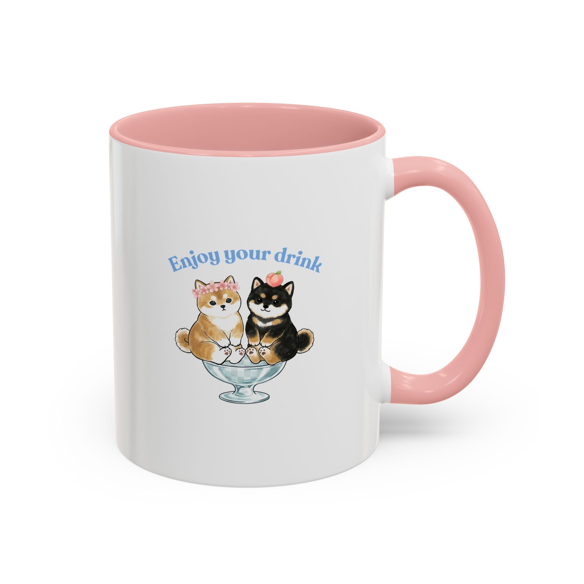 Shiba Inu Sundae Accent Coffee Mug — 'Fuwa Fuwa' Kawaii Peach & Sakura (11/15 oz)