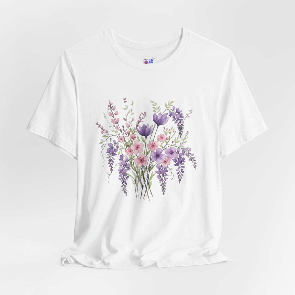 Japanese Wisteria and Sakura Bouquet T-Shirt | Fuji Cherry Blossom Dark Floral Tee | Japan Spring Flower Art Shirt