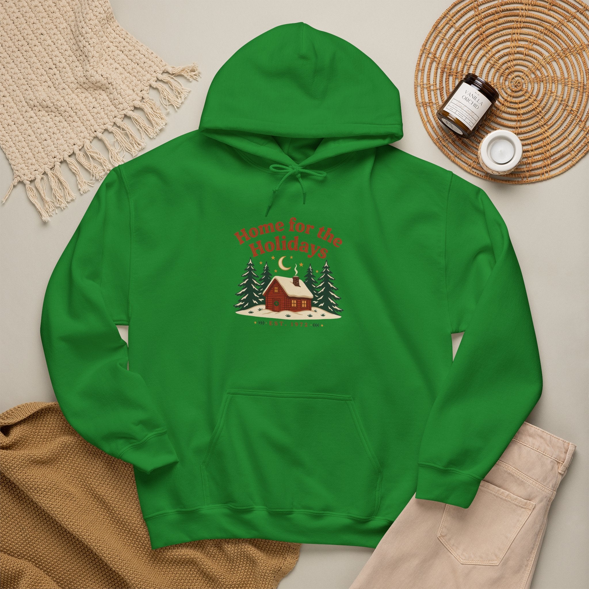 Christmas Cabin Hoodie | 'Home for the Holidays' Green Holiday Hoodie