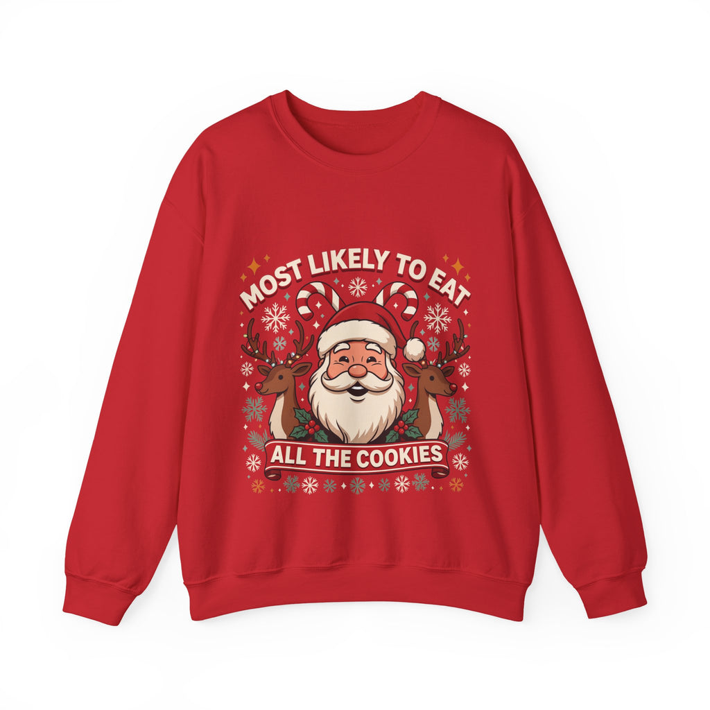 Christmas Crewneck Sweatshirt - "Most Likely to Eat All the Cookies" Merry & Bright Holiday Sweater