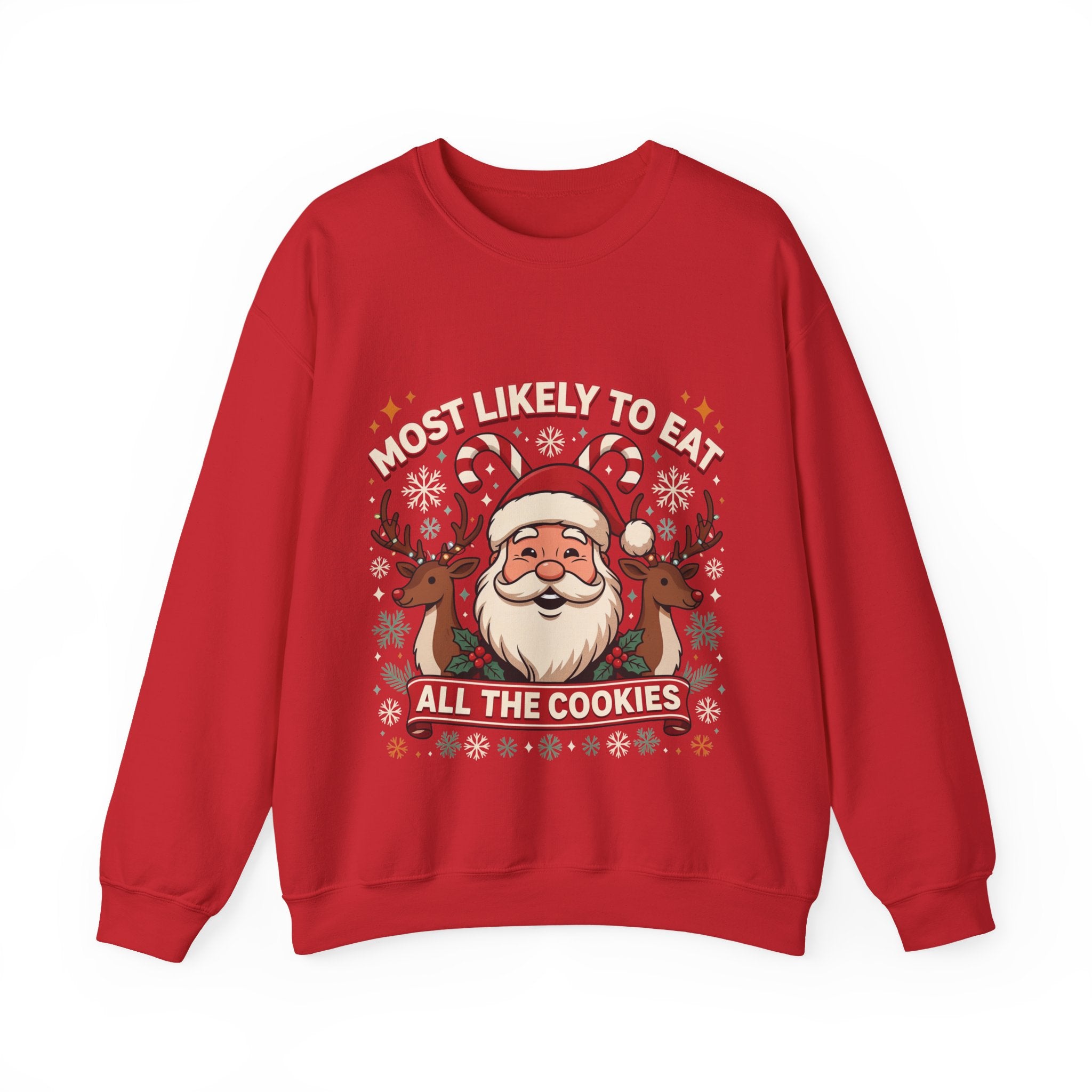 Christmas Crewneck Sweatshirt - "Most Likely to Eat All the Cookies" Merry & Bright Holiday Sweater
