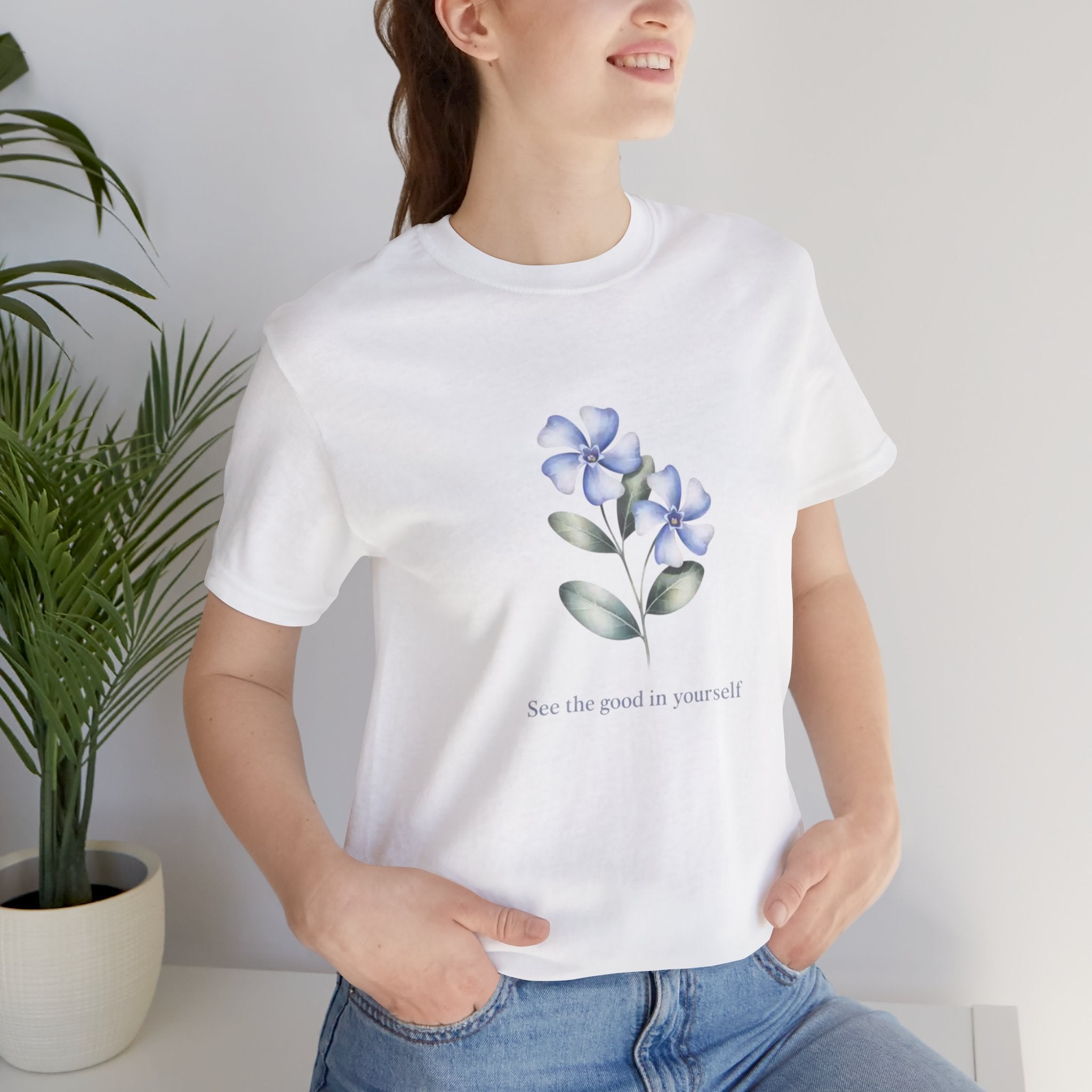 Wasurenagusa "Treasure Yourself" Tee — Minimal Japanese Botanical Self-Compassion Shirt