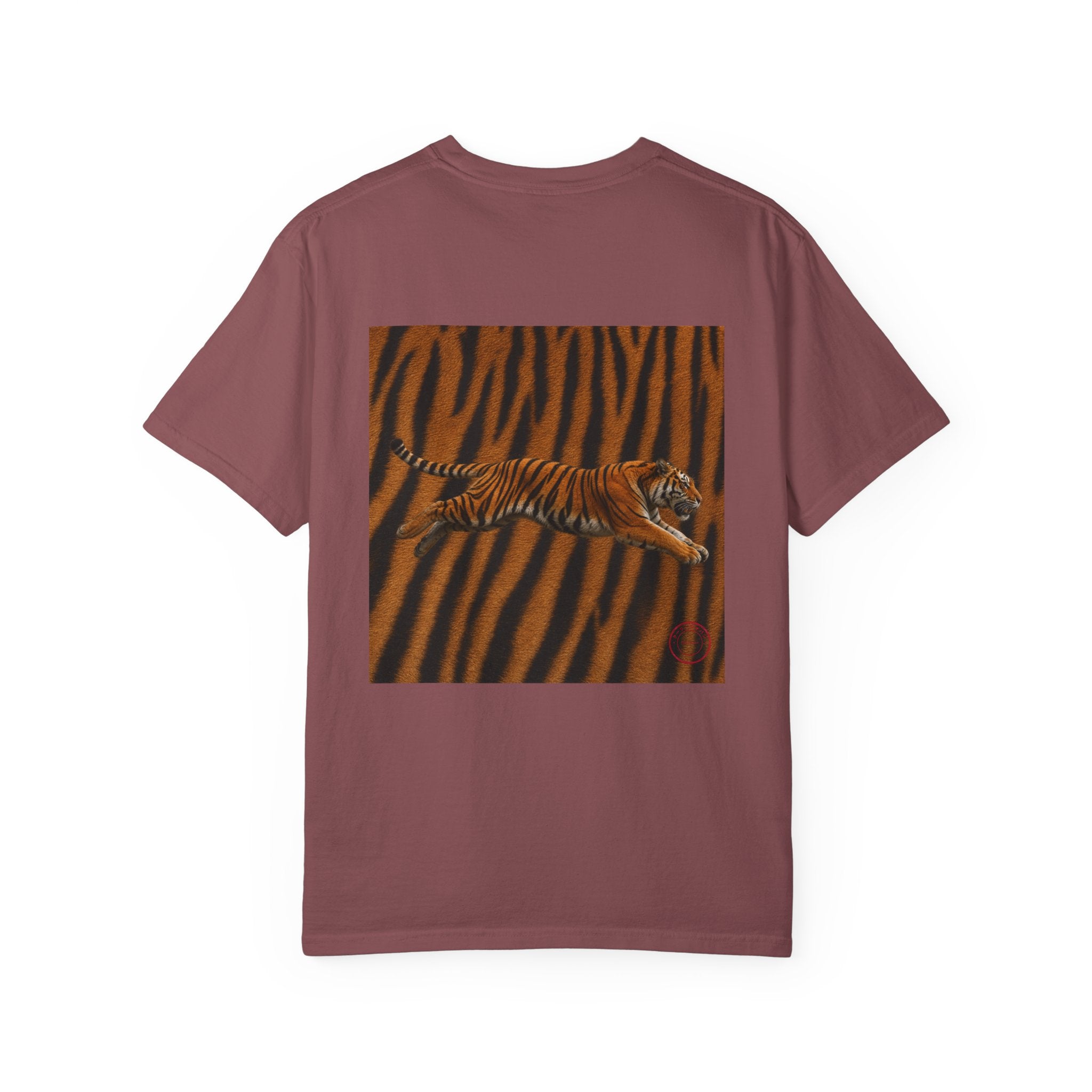 Tiger Stripe Graphic T-Shirt — Leaping Tiger Back Print Comfort Color 1717