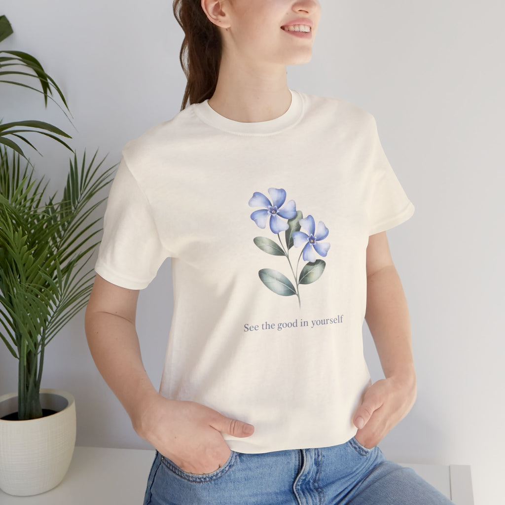 Wasurenagusa "Treasure Yourself" Tee — Minimal Japanese Botanical Self-Compassion Shirt