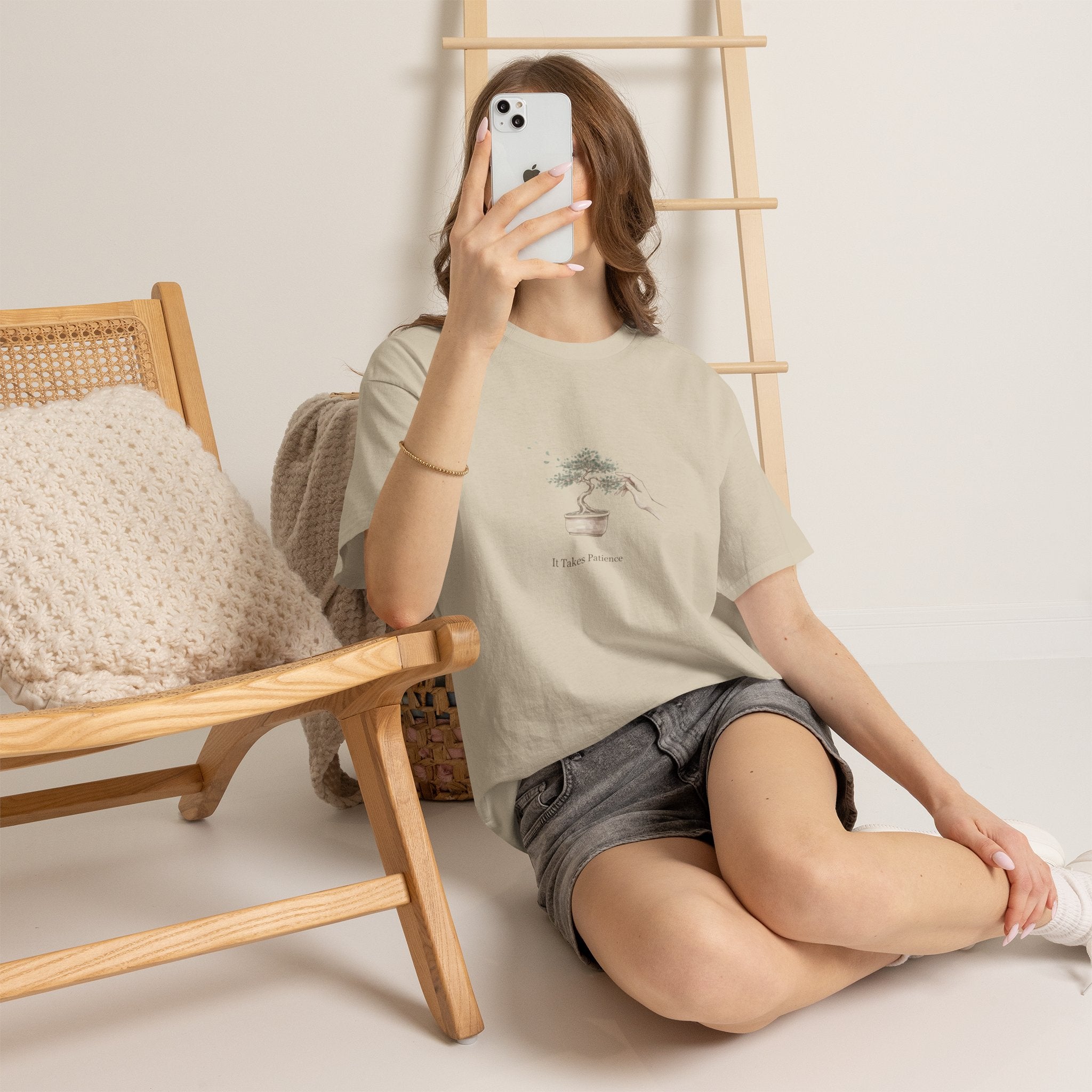 It Takes Patience Bonsai T-Shirt, Minimalist Japanese Ink Wash Tree Tee, Zen Gift for Plant Lovers, Mindfulness & Slow Living