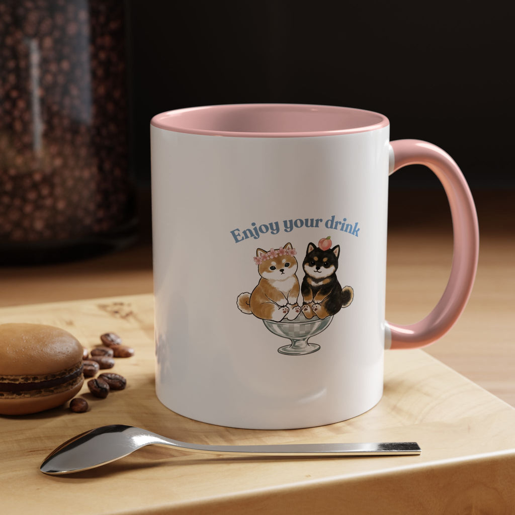 Shiba Inu Sundae Accent Coffee Mug — 'Fuwa Fuwa' Kawaii Peach & Sakura (11/15 oz)