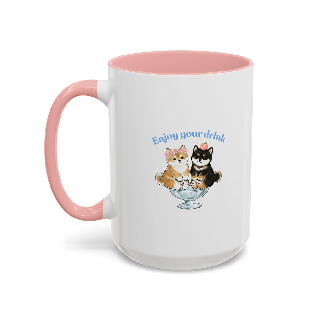 Shiba Inu Sundae Accent Coffee Mug — 'Fuwa Fuwa' Kawaii Peach & Sakura (11/15 oz)