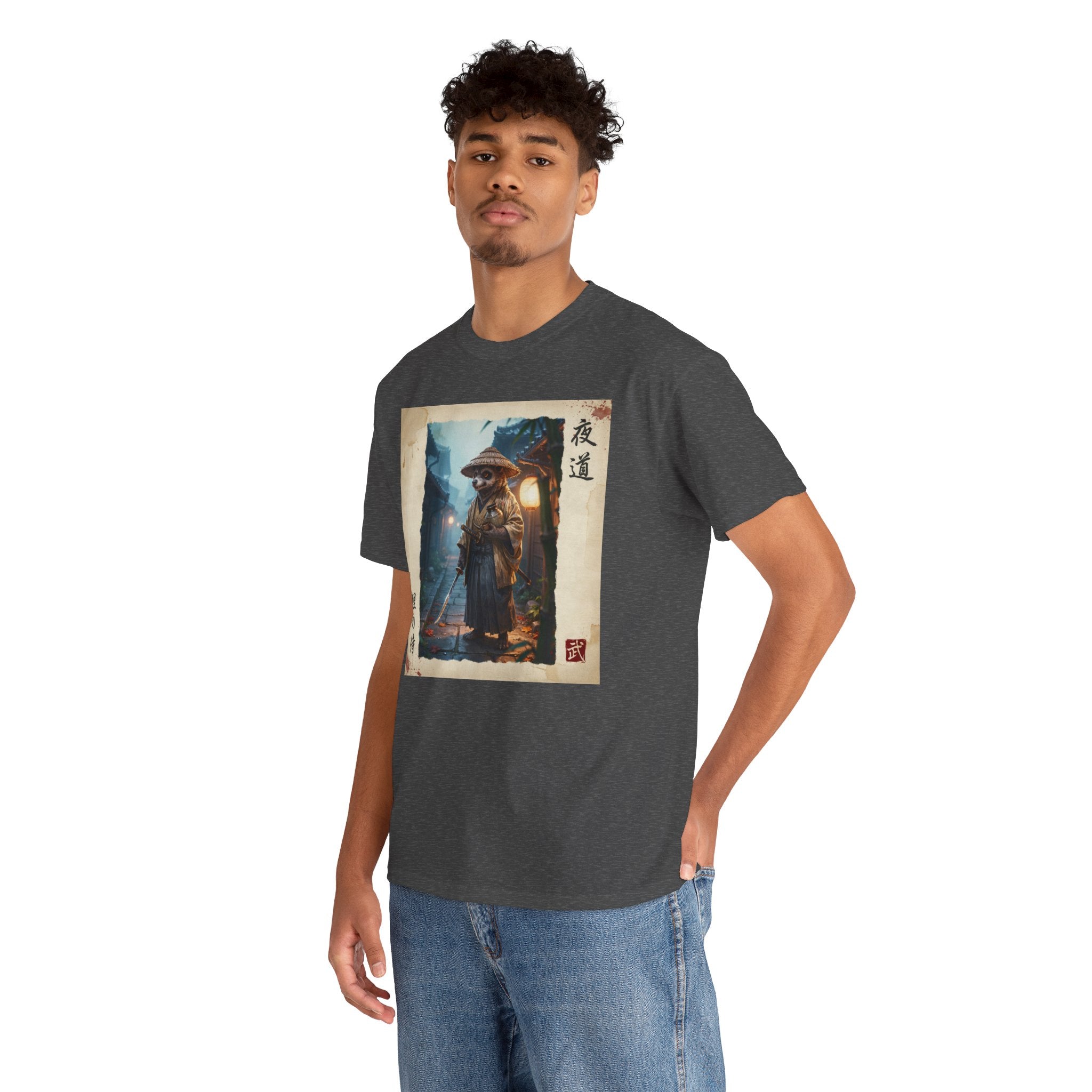 Tanuki Samurai T-Shirt, Japanese Raccoon Dog Warrior, Yomichi Night Road Folklore Bushido Graphic Tee