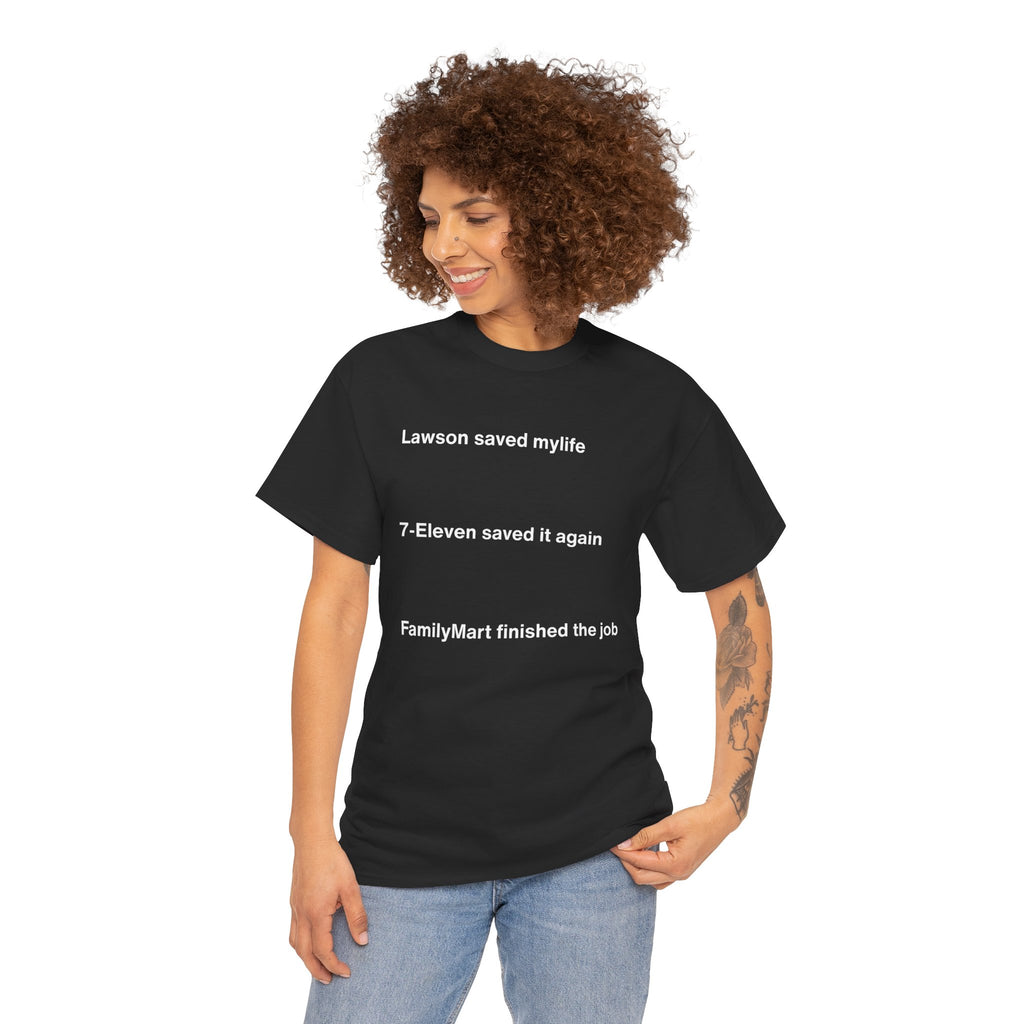 Lawson Saved My Life. 7-Eleven Saved It Again. FamilyMart Finished the Job. | Japan Convenience Store Tee — Dark Edition