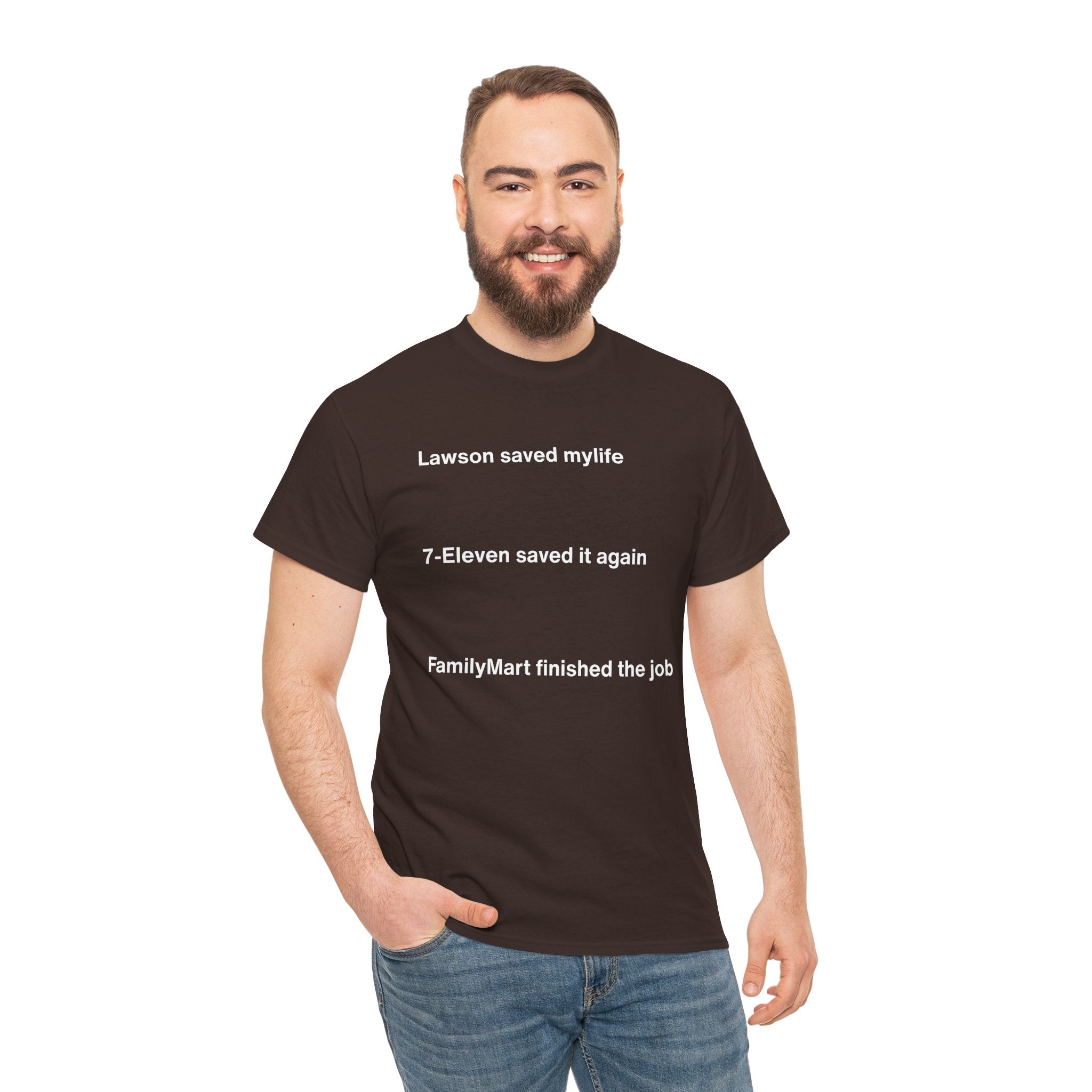 Lawson Saved My Life. 7-Eleven Saved It Again. FamilyMart Finished the Job. | Japan Convenience Store Tee — Dark Edition
