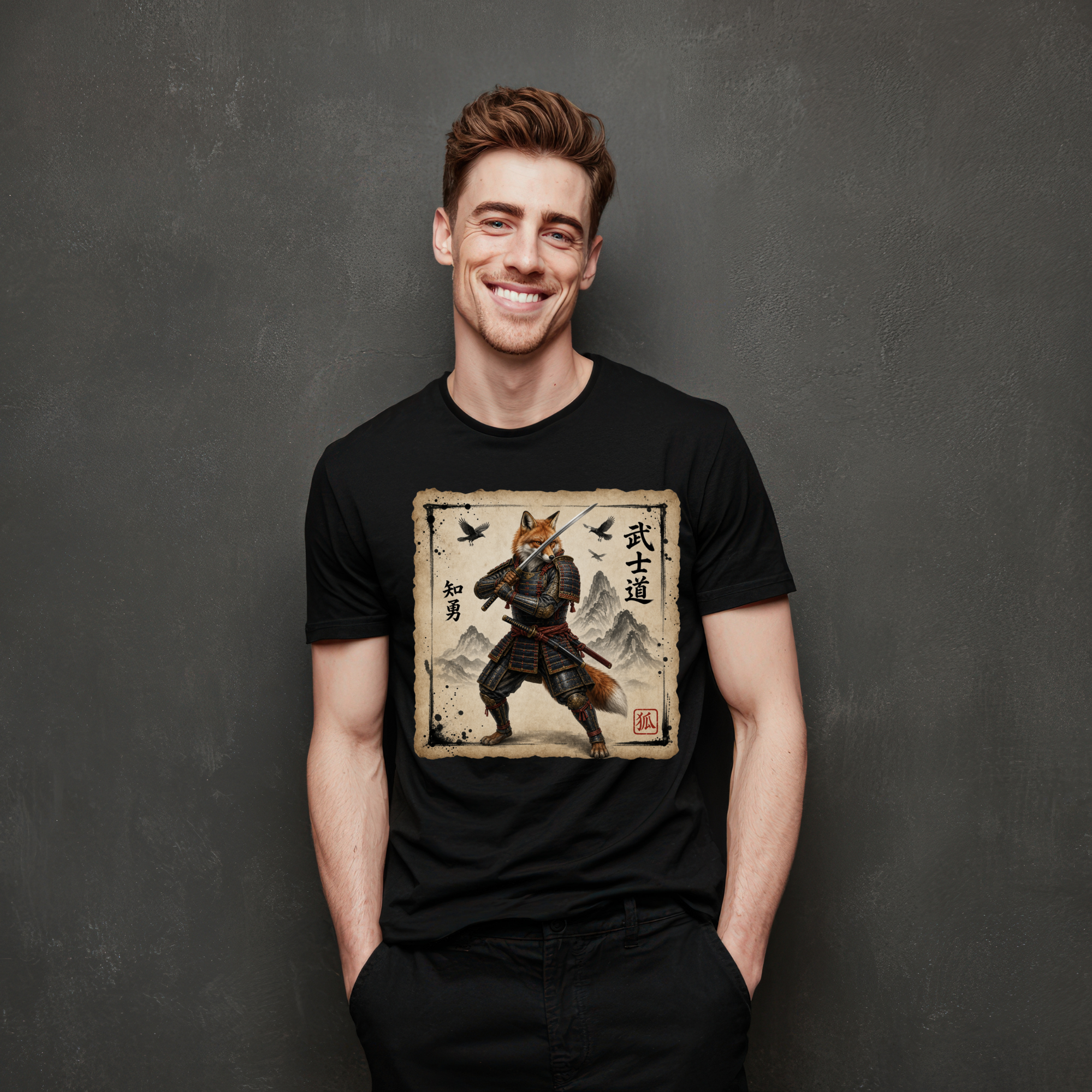 Samurai Fox T-Shirt version1 — Warrior Fox with Kanji Art