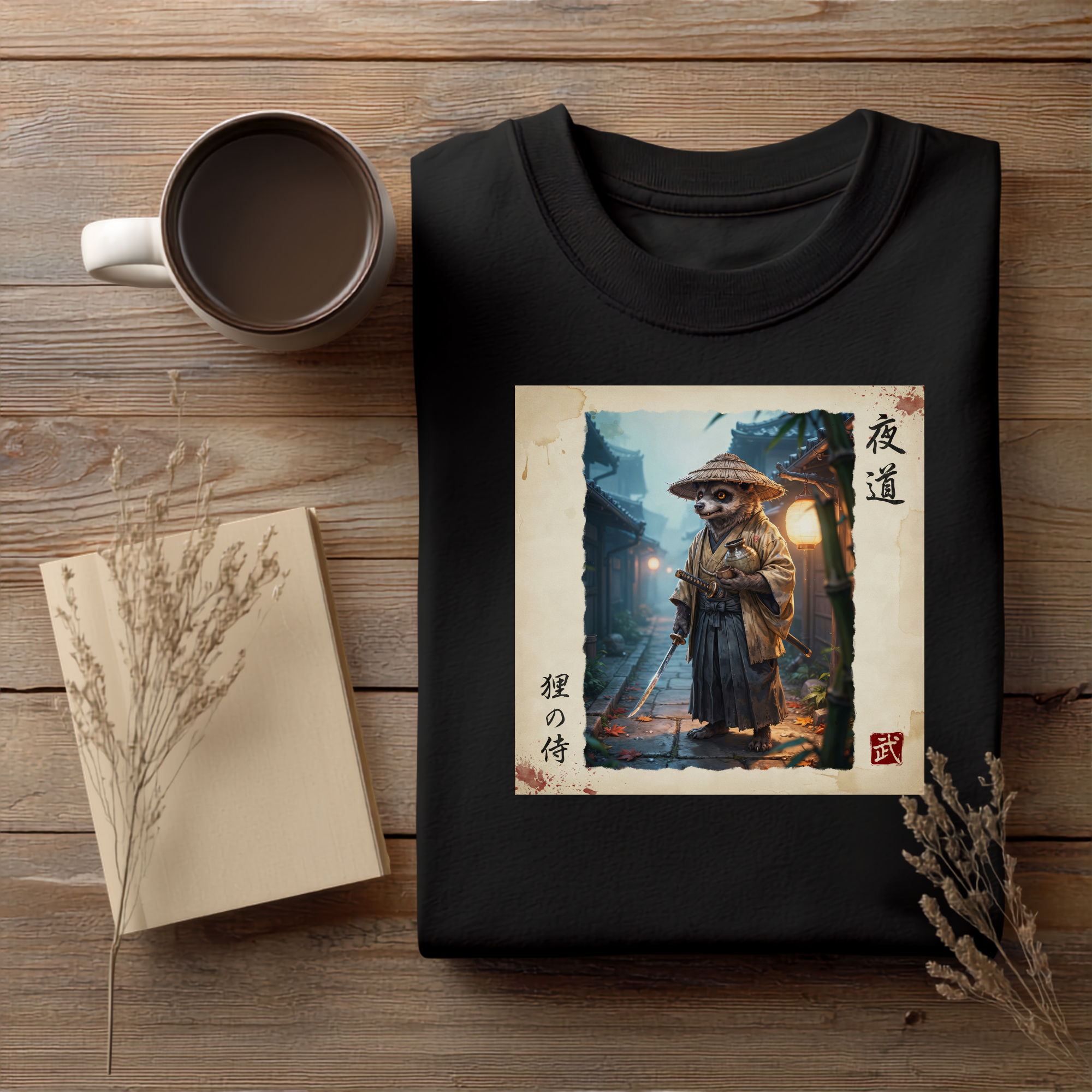 Tanuki Samurai T-Shirt version1 — 狸の侍 Japanese Raccoon Dog Warrior | Yomichi Night Road Folklore Bushido Graphic Tee
