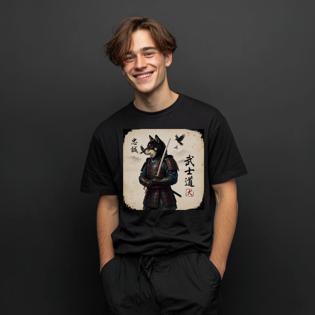 Kuro Shiba Inu Samurai Warrior T-Shirt, Bushido Japanese Dog Armor Art Tee, Loyalty Kanji Graphic Shirt, Unique Japan Gift Unisex