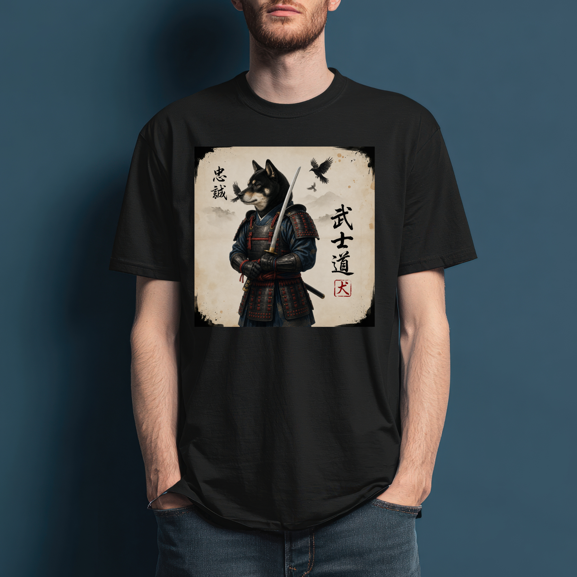 Kuro Shiba Inu Samurai Warrior T-Shirt, Bushido Japanese Dog Armor Art Tee, Loyalty Kanji Graphic Shirt, Unique Japan Gift Unisex
