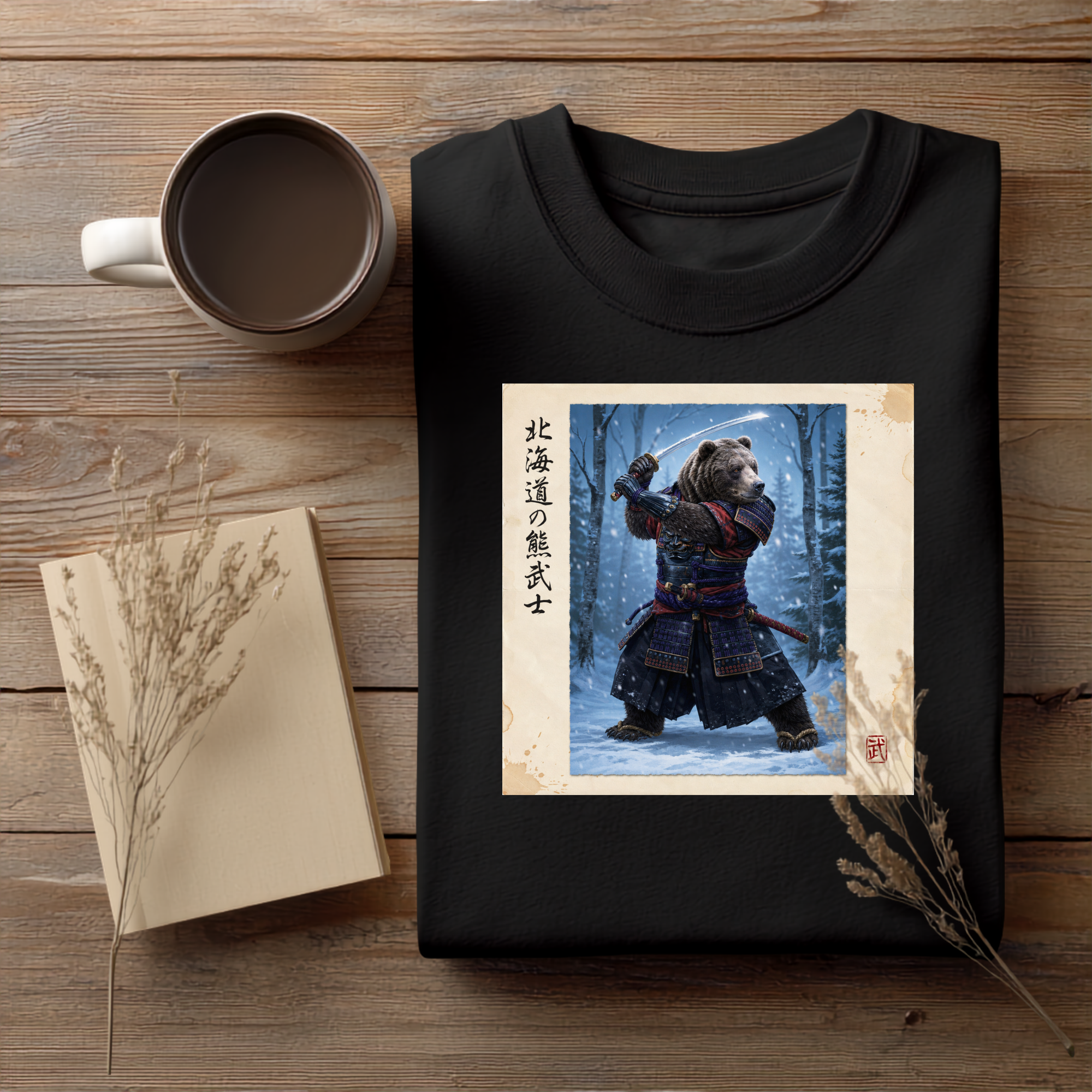 Hokkaido Bear Samurai T-Shirt, Higuma Warrior Snow Forest Art Tee, Japanese Bushido Graphic Shirt, Unique Animal Samurai Gift Unisex