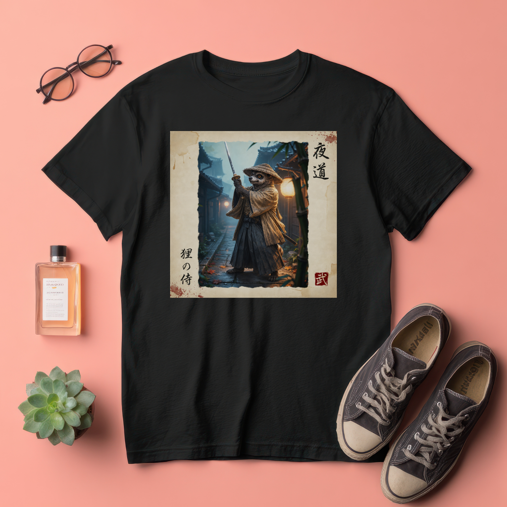 Tanuki Samurai T-Shirt, Night Alley Warrior Raccoon Dog Art Tee, Japanese Bushido Lantern Graphic Shirt, Unique Yokai Gift Unisex