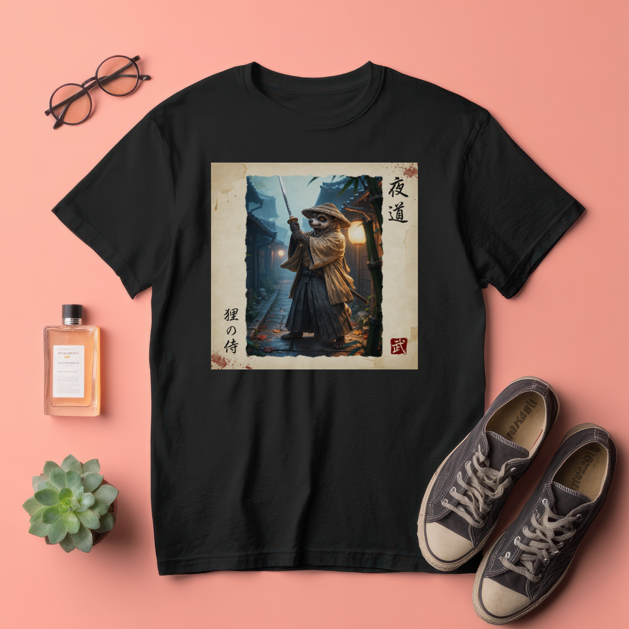 Tanuki Samurai T-Shirt, Night Alley Warrior Raccoon Dog Art Tee, Japanese Bushido Lantern Graphic Shirt, Unique Yokai Gift Unisex