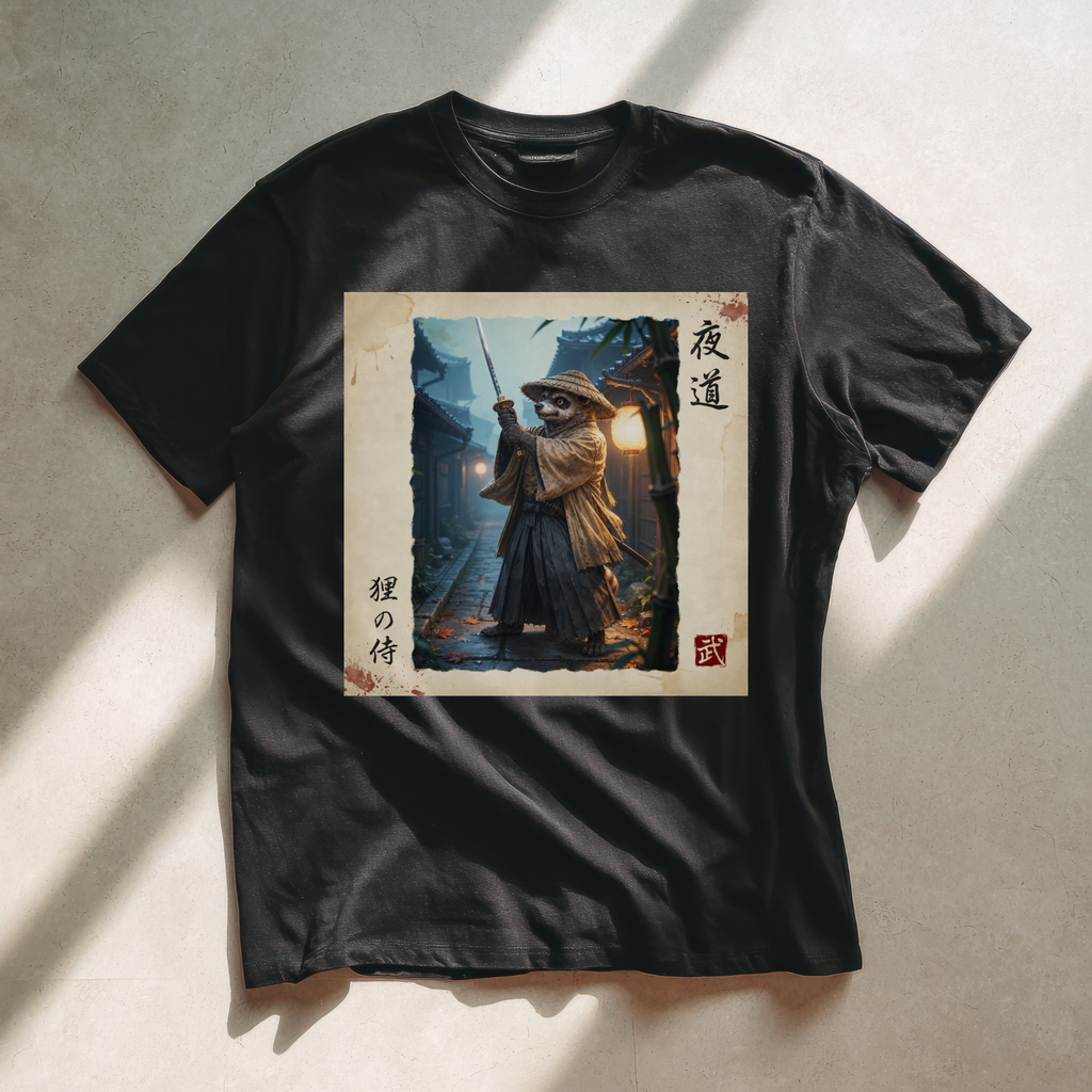 Tanuki Samurai T-Shirt, Night Alley Warrior Raccoon Dog Art Tee, Japanese Bushido Lantern Graphic Shirt, Unique Yokai Gift Unisex
