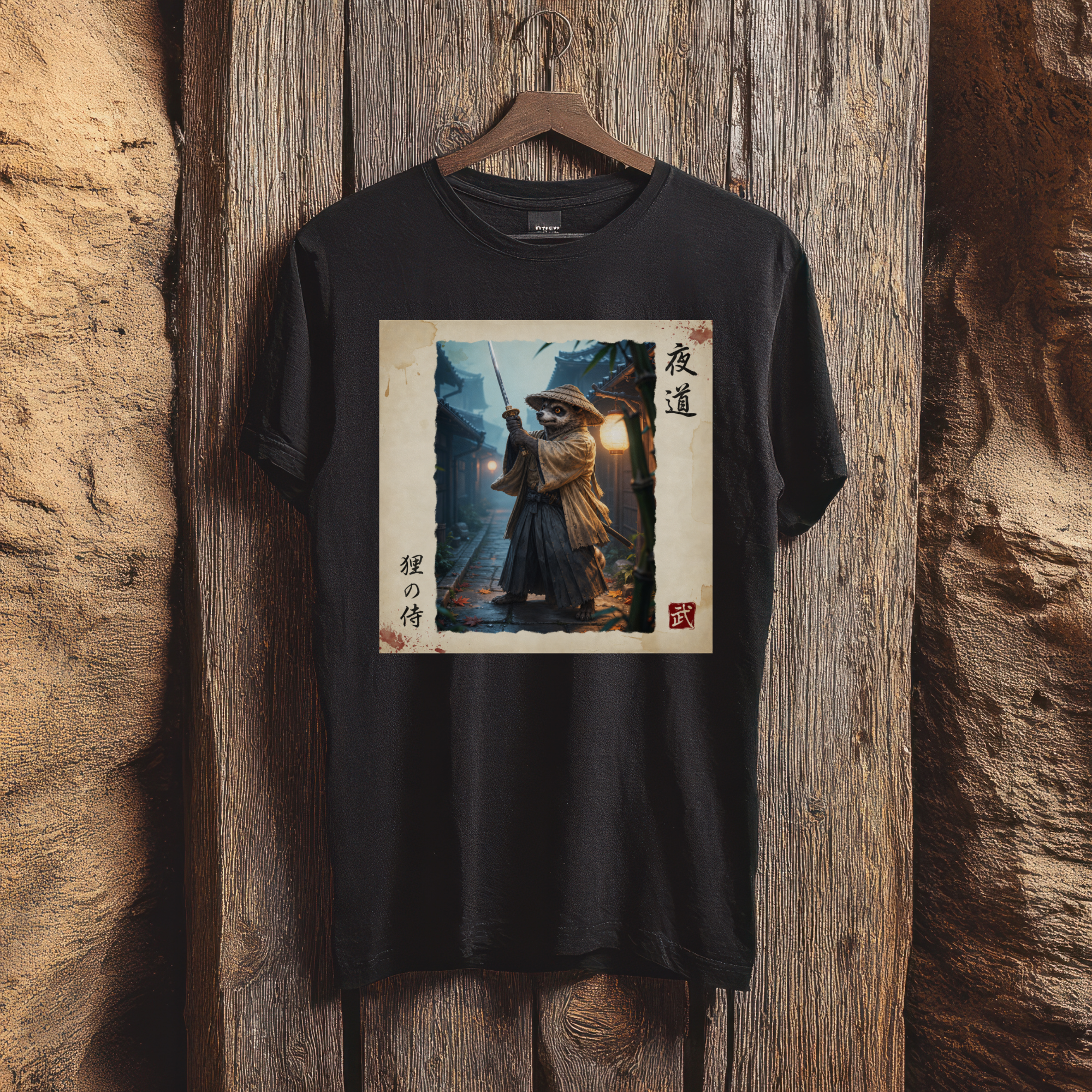 Tanuki Samurai T-Shirt, Night Alley Warrior Raccoon Dog Art Tee, Japanese Bushido Lantern Graphic Shirt, Unique Yokai Gift Unisex