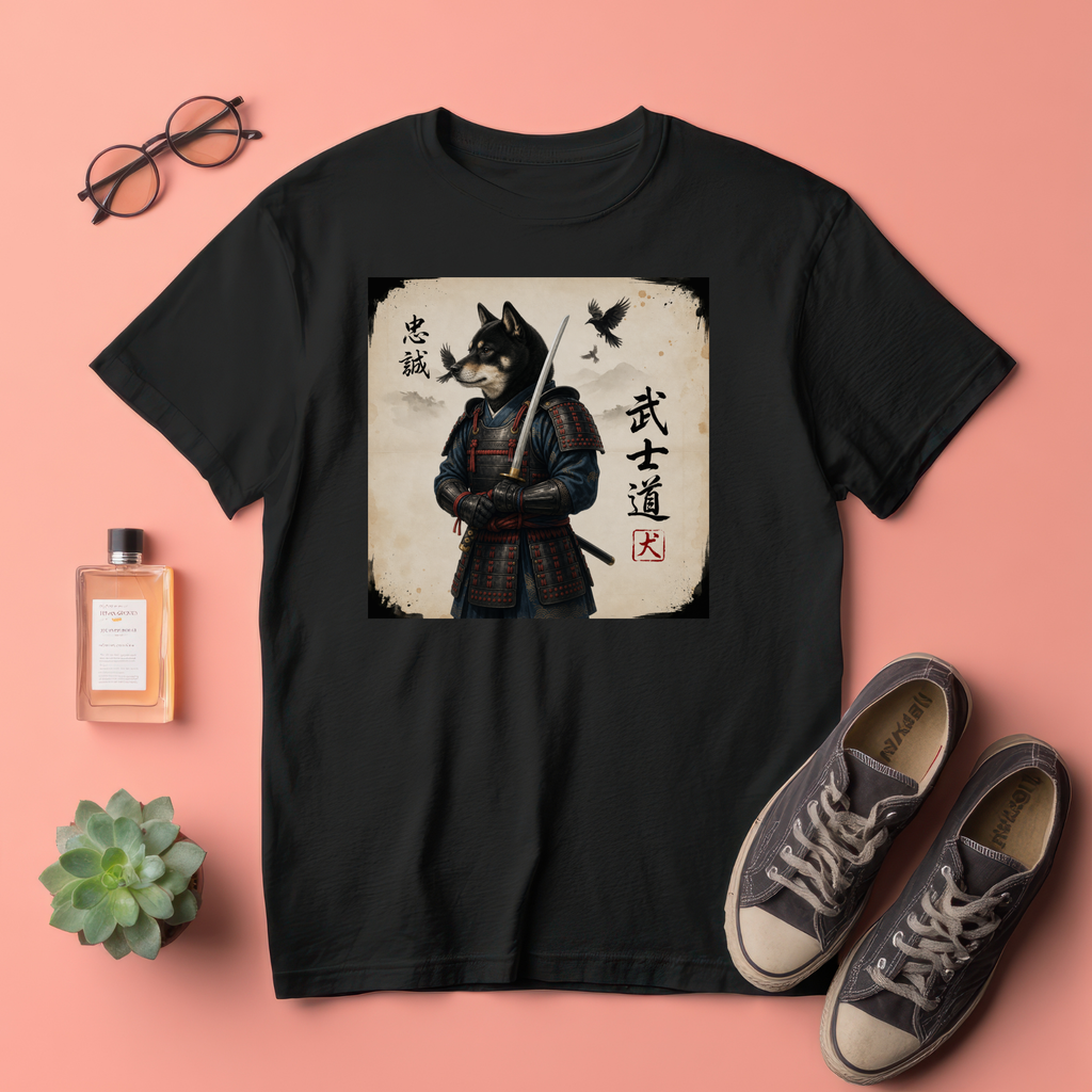 Kuro Shiba Inu Samurai Warrior T-Shirt, Bushido Japanese Dog Armor Art Tee, Loyalty Kanji Graphic Shirt, Unique Japan Gift Unisex