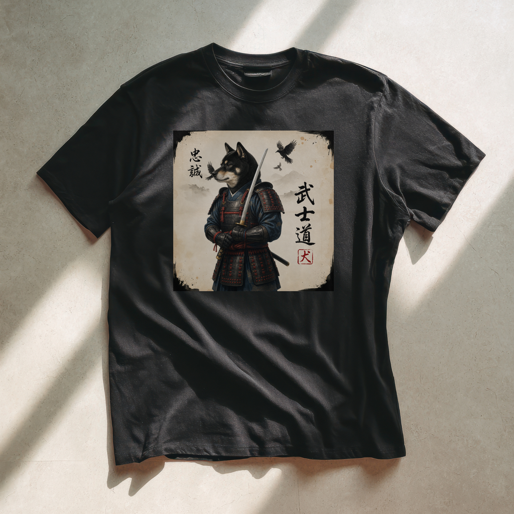 Kuro Shiba Inu Samurai Warrior T-Shirt, Bushido Japanese Dog Armor Art Tee, Loyalty Kanji Graphic Shirt, Unique Japan Gift Unisex